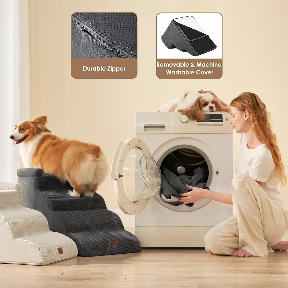 🐾 5-Step Curved Pet Stairs for Dogs & Cats – Soft Foam Steps for Beds and Sofas