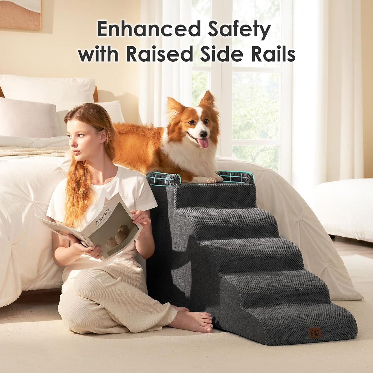 🐾 5-Step Curved Pet Stairs for Dogs & Cats – Soft Foam Steps for Beds and Sofas