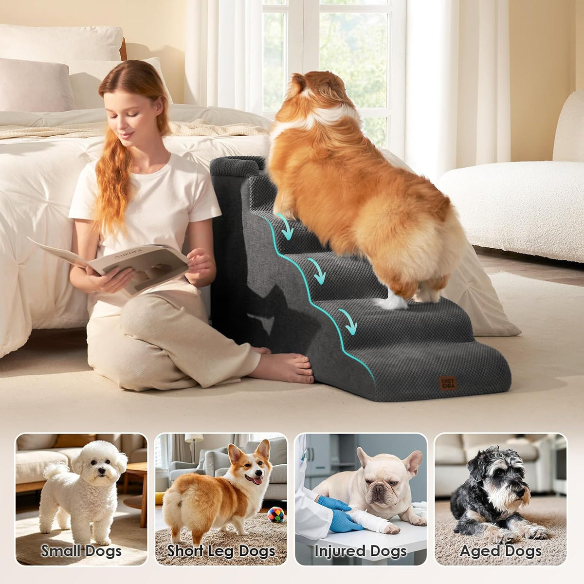 🐾 5-Step Curved Pet Stairs for Dogs & Cats – Soft Foam Steps for Beds and Sofas