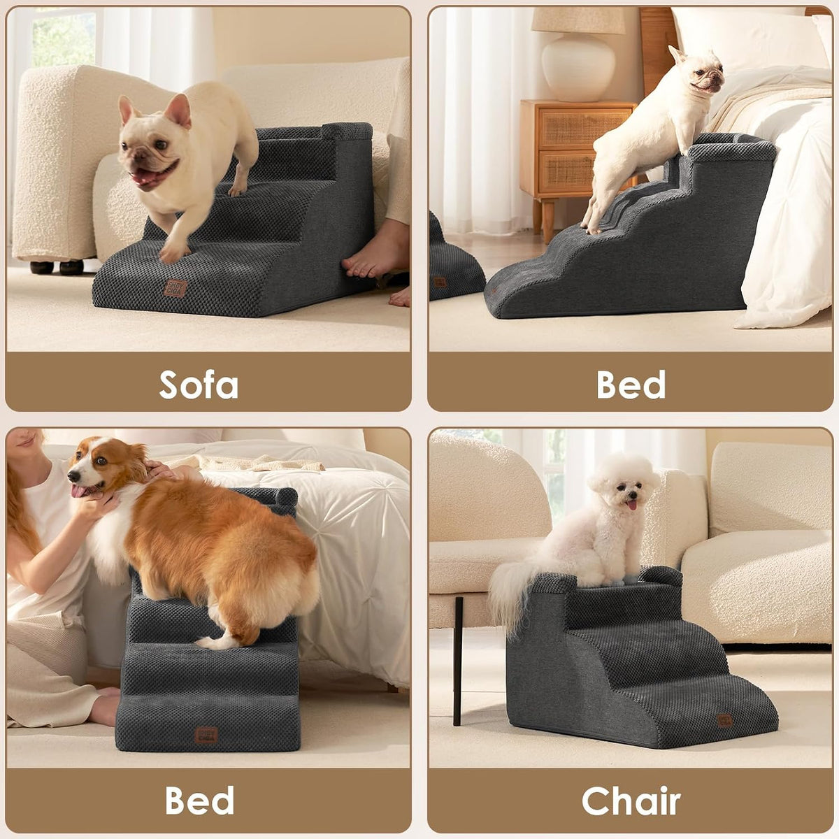 🐾 5-Step Curved Pet Stairs for Dogs & Cats – Soft Foam Steps for Beds and Sofas
